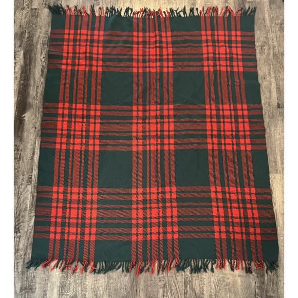 Vintage “All Wool” Blanket Tartan Plaid Stadium Fringed Made Britain Red Green - Picture 5 of 11